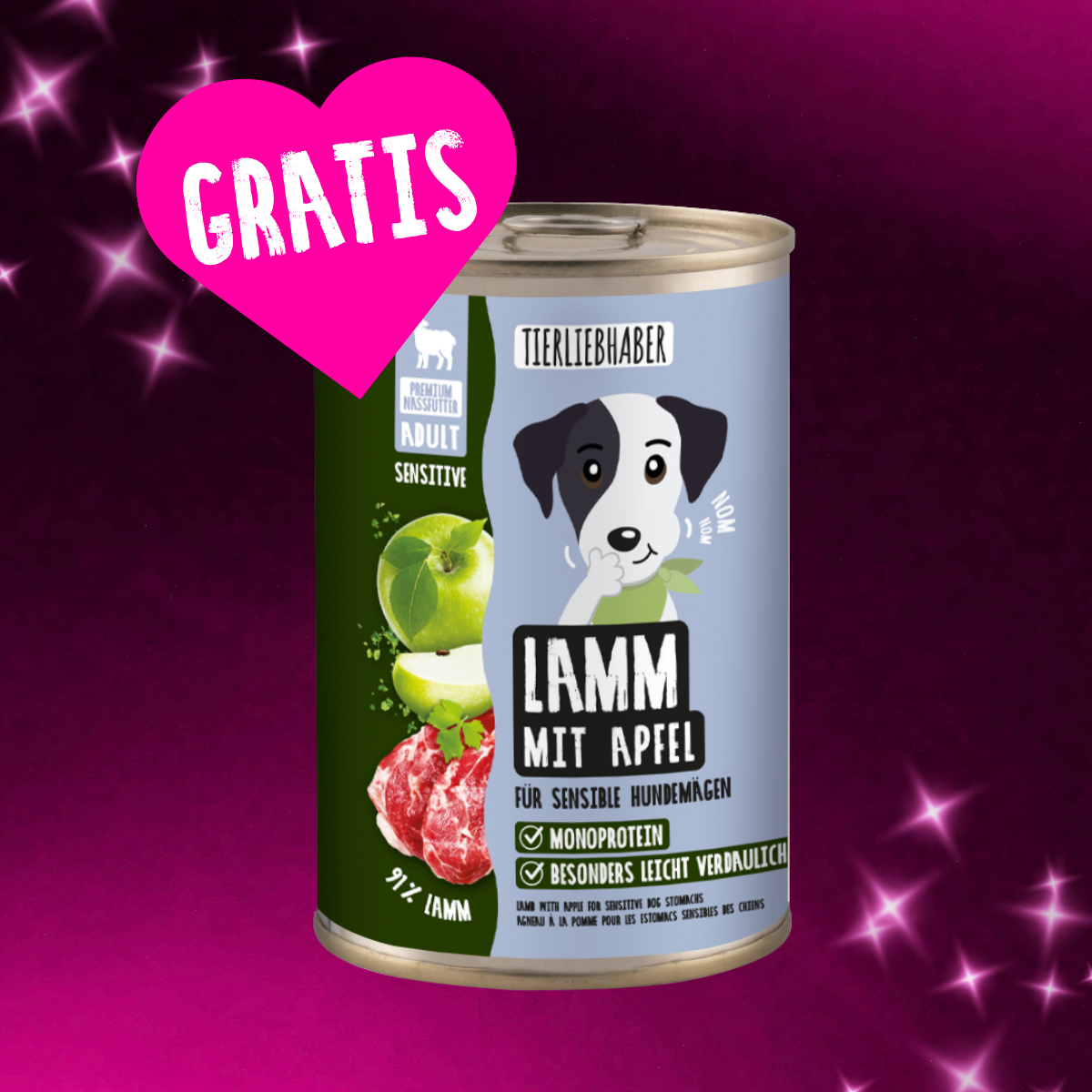 Nassfutter Lamm mit Apfel 400g gratis